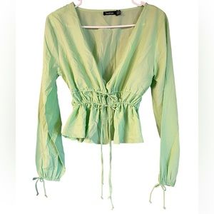 Boohoo Mint green blouse with a double drawstring cinched waist silhouette